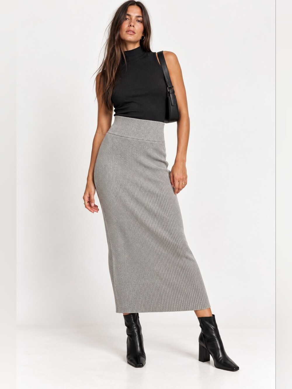 Aritizia Babaton Ribbed Knit Midi Pencil Skirt Gray Size M